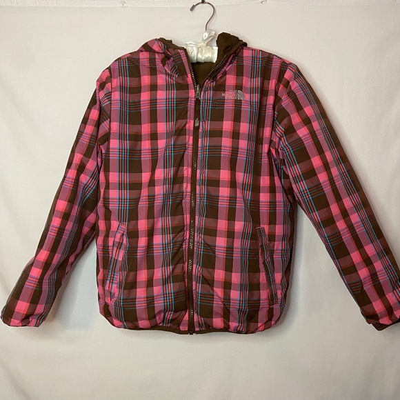 Large Girls Reversible North Face 550 Winter Jacket in Pink and Brown